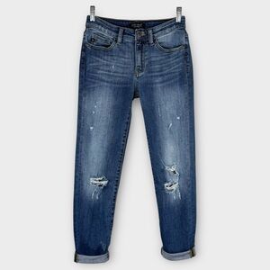 Judy Blue Relaxed Fit Jeans 5/27 Mid Rise Distressed Denim Chic Dark Wash 8271DK